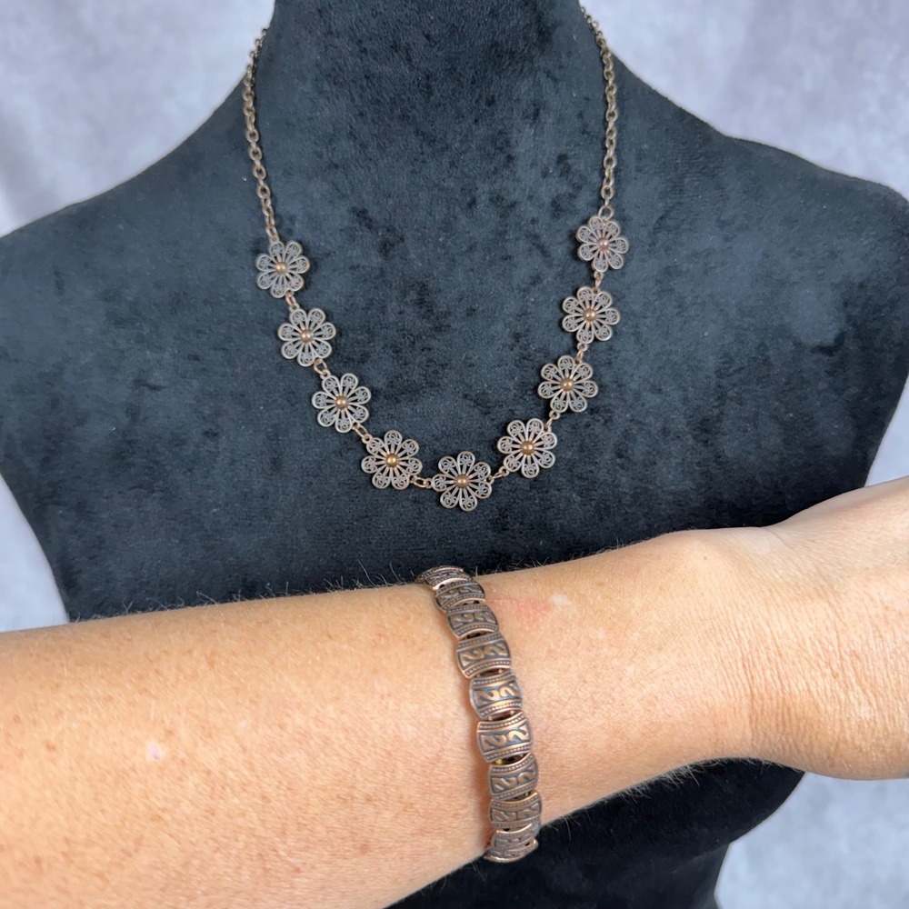 Vtg Y2K Copper Tone Filigree Flower Necklace Panel Bracelet Jewelry Set Boho 2Pc